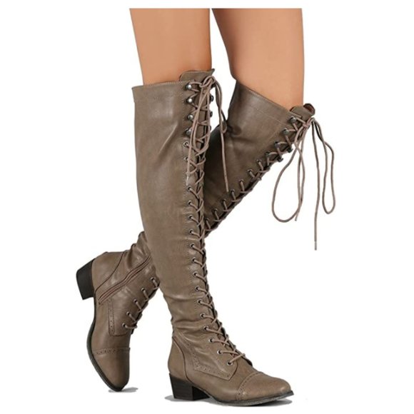 Breckelles Shoes - Breckelle's Taupe Over The Knee Combat Boots